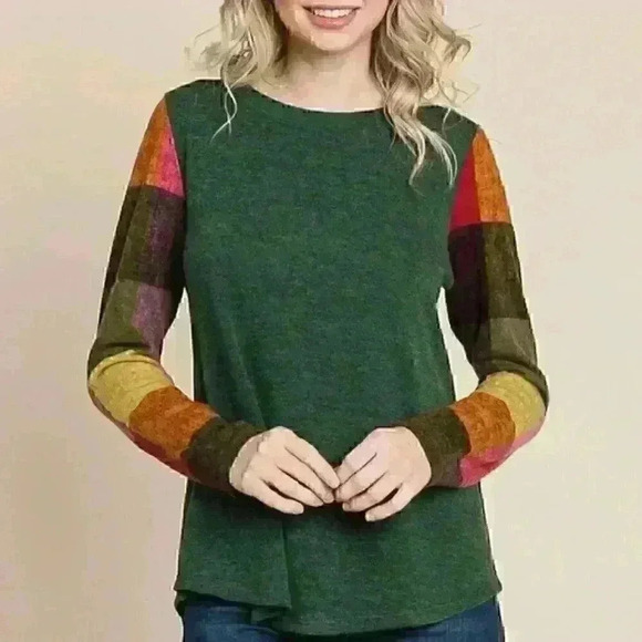 3. Olive Sweater with Colorful Check/Plaid Sleeves - Picture 1 of 4